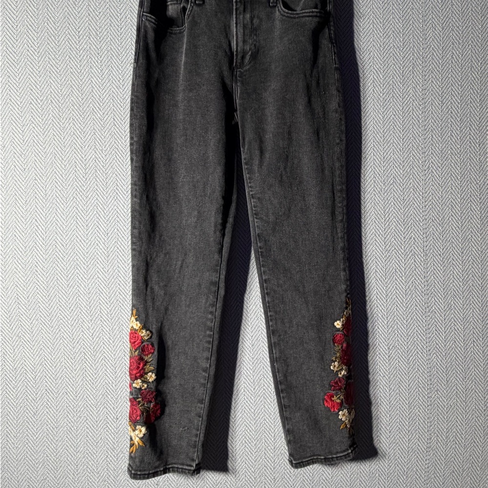 Driftwood Embroidered Rose Black Jeans Size 25 Boho Floral Stretch Denim